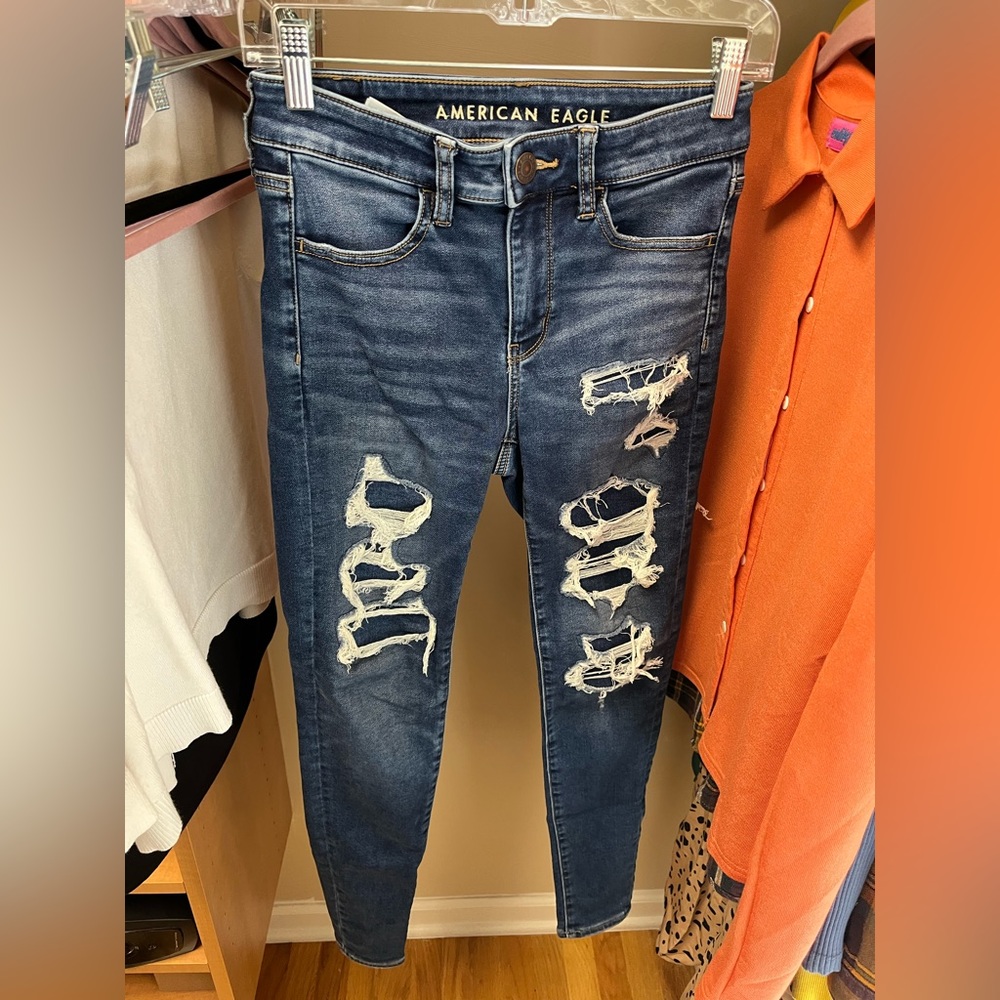 american eagle fake distressed dark wash jeggings